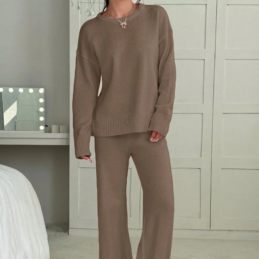 Brown Casual Women's Crew Neck Long Sleeve Sweater And Long Pants Set - Picture 5 of 6